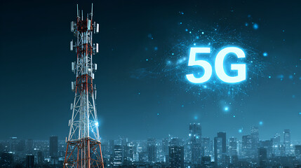 5g cell network communication tower or antenna transmits wireless signal on smart city. Cellular high speed internet. 5g or 6g telecommunication technology. Cellular Antenna for wireless network. Stoc