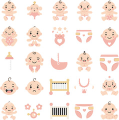Extensive Flat Design Baby Icon Set: Adorable Newborn Characters and Essentials in Pink Hues, Perfect for Baby Care Apps, Websites, and Infographics.