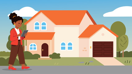 Female Real Estate Agent with Digital Tablet Walking in Front of Suburban House Illustration