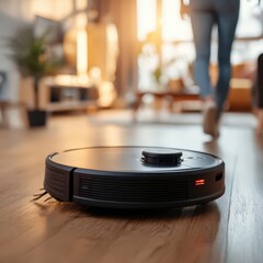 Fototapeta premium Autonomous robot vacuum on wooden floor, blurred figures in background