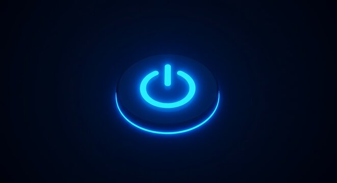 Futuristic Neon Power Button Shining in the Dark Minimalist Technology Concept with Vibrant Blue Light