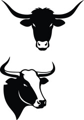 Dynamic Duo of Bovine Heads: Striking Longhorn and Cattle Silhouettes, Perfect as Powerful Symbols for Farm, Ranch, and Western Themed Designs.