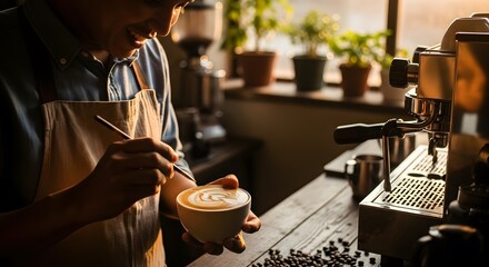 Barista crafting latte art in a warm cafe setting featuring wooden surfaces coffee beans and a coffee machine capturing artisanal expertise and the inviting ambiance of a coffee shop.