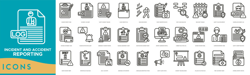 Incident and Accident Reporting icon line set. Incident Report Form, Accident Log Sheet, Safety Incident Tracker, Injury Report File, Near Miss Record and Event Description Note