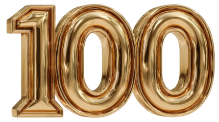 Gold Metallic Number 100 Isolated on Isolated Transparent Background - Shiny Three-Dimensional Rendering