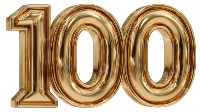 Gold Metallic Number 100 Isolated on Isolated Transparent Background - Shiny Three-Dimensional Rendering