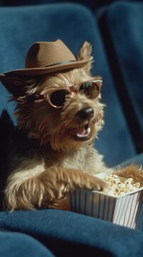 Cool dog movie critic wearing sunglasses and brown hat in theater seat with popcorn, norwich terrier vintage funny creative concept for a movie review aesthetic social media content tiktok youtube