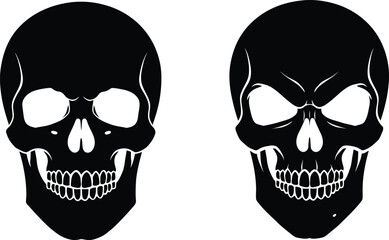 Haunting Black Skull Duo: Spooky Human Skeleton Head Designs, Perfect for Halloween, Gothic Art, and Mortality Themes - Vector Illustration Set for Dark and Mysterious Concepts.