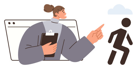 Woman with clipboard gesturing toward walking figure, implying guidance or direction. Ideal for leadership, instruction, decision-making, teamwork, strategy, career progression motivation. Simple