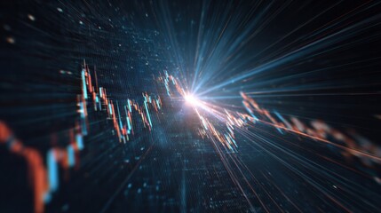 Dynamic visualization of stock market trends with light trails and data overlay, conveying digital finance concepts.