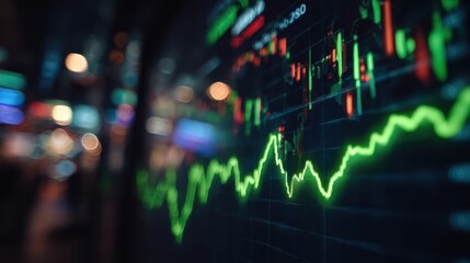 Dynamic stock market graph showcasing green trend line against blurred background, symbolizing financial success.