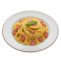 Plate of spaghetti carbonara with sausage and basil on white dish  
