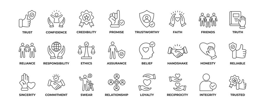 Trust line icon collection set. Containing confidence, credibility, promise, trustworthy, friends, truth, faith, sincerity and honesty. Simple line vector illustration.