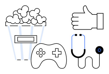 Popcorn bucket, game controller, stethoscope, and thumbs-up icon combine fun, health, and positivity. Ideal for entertainment, gaming, healthcare leisure feedback wellness or a simple landing
