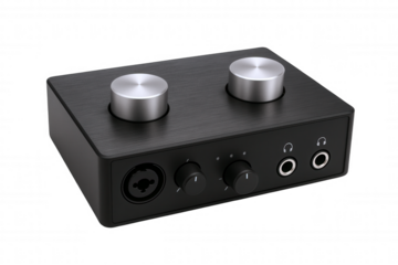 Compact Black Audio Interface with Silver Knobs and Headphone Jacks for Music Production and Recording