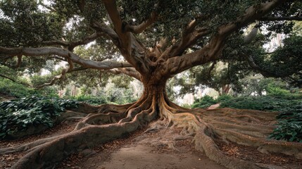 Fototapeta premium Majestic tree with sprawling roots in a lush green environment, showcasing nature's beauty and resilience.