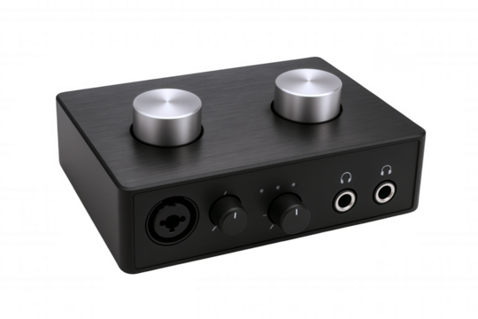 Compact Black Audio Interface with Silver Knobs and Headphone Jacks for Music Production and Recording