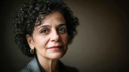 Women leadership and social impact concept, Portrait of a mature woman with curly hair and a thoughtful expression.