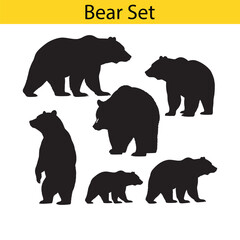 A set of isolated black bear silhouettes in various dynamic poses. Vector graphic illustration collection of wild forest animals.