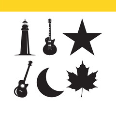A versatile set of black silhouette icons featuring a lighthouse, guitars, star, moon, and maple leaf for graphic design.