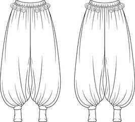 cad drawing flat vector illustration, fashion technical sketch, loose fit pants front back view, tassel waistband, elastic cuffs, garment design