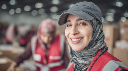 Women leadership and social impact concept, Smiling woman in a warehouse wearing a cap and red vest.