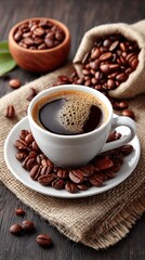 Fototapeta premium Coffee cup with beans on rustic table