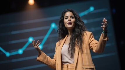 Women leadership and social impact concept, Dynamic speaker presenting on stage with a graph backdrop.