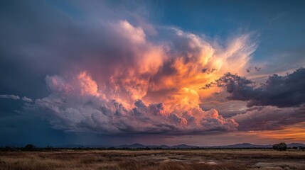 A large cloud with a bright orange sun in the sky. The sky is mostly blue with some clouds