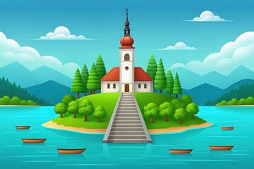 Naklejka premium Idyllic island church with boats on a serene lake