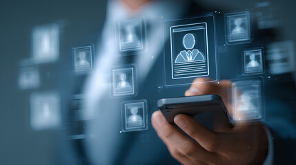 A businessman using smart technology to verify digital identity, KYC documents, and approve online profiles, representing secure authentication and onboarding in digital business platforms.