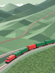 Green Freight Train on Rolling Hills