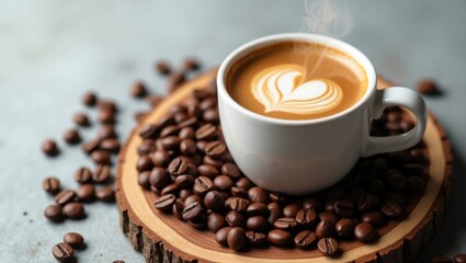A Warm Cup of Coffee with Latte Art Surrounded by Roasted Beans Offers a Comforting Morning Experience