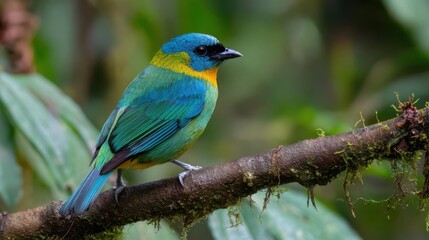Obraz premium A bird is perched on a branch in a lush green forest. The bird is blue and yellow, and it is looking down. The scene is peaceful and serene, with the bird being the focal point of the image