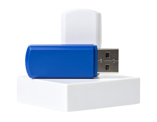 Modern blue USB flash drive showcased on white stand, isolated on transparent background PNG