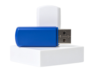 Modern blue USB flash drive showcased on white stand, isolated on transparent background PNG