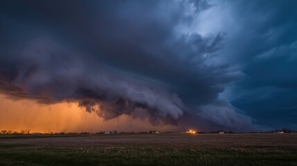A storm cloud is rolling in over a field. The sky is dark and the clouds are thick and heavy