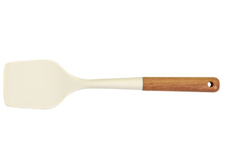 Minimalist kitchen spatula with white silicone head and wooden handle, isolated on transparent...