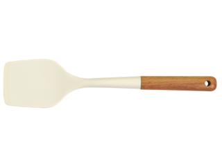 Minimalist kitchen spatula with white silicone head and wooden handle, isolated on transparent background