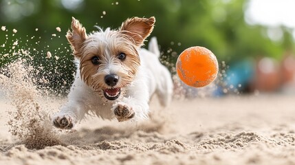 Energetic Dog Sprinting on Sandy Beach with Ball in Air