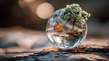 A crystal globe containing a miniature tree with a butterfly nearby, symbolizing nature conservation.