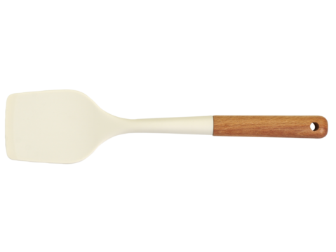 Minimalist kitchen spatula with white silicone head and wooden handle, isolated on transparent background