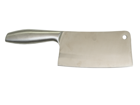 Heavy-duty kitchen cleaver with metallic blade and handle, isolated on transparent background