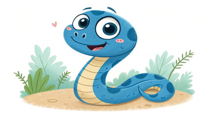Cute cartoon snake illustration funny animal character reptile blue snake drawing happy snake design for kids