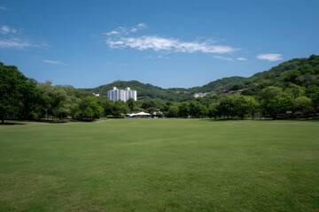 Serene Landscape Scene of Green Meadow and Hills