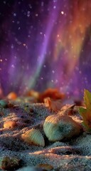 Seashells on sand, ethereal aurora