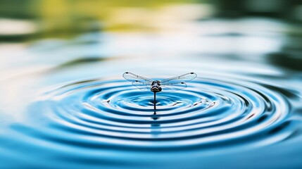Dragonfly Resting on Surface of Still Pond Creating Ripples