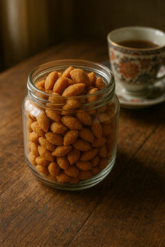 Crispy Coconut Snack &ndash; Biji Ketapang in Glass Jar on Wooden Table