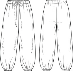 cad drawing flat vector illustration, pants technical sketch, front back view, elastic waistband, drawstring, loose fit, gathered cuffs, fashion design