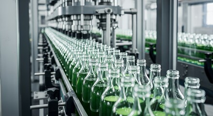Fototapeta premium Green Bottles on Conveyor Belt in Beverage Bottling Factory
